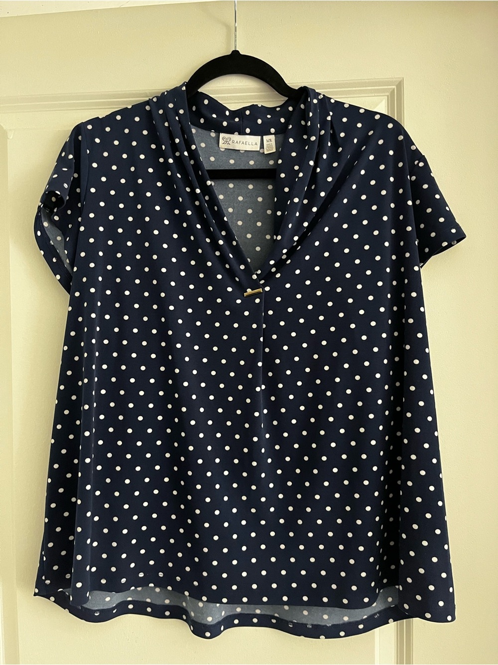 Rafaella Navy and White Polka Dot Draped V-Neck Top
